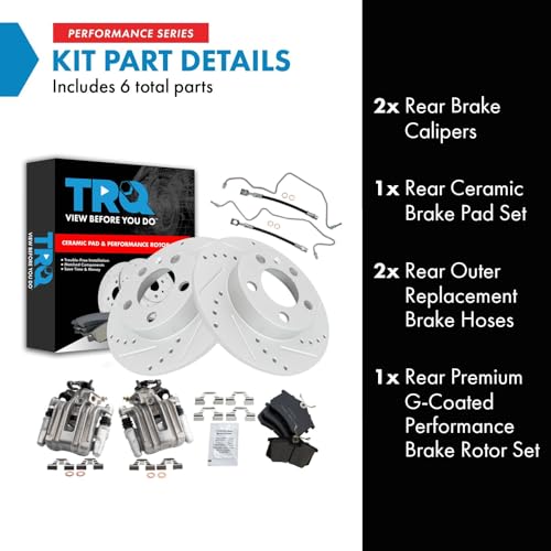 Image of TRQ Performance Rear Brake Pad and Rotor Set Ceramic Slotted Drilled Coated Rotors Calipers Compatible with 2007-2010 Volkswagen Beetle 1999 Golf