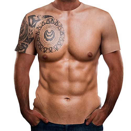 ANUFER Hommes Nouveauté Impression Numérique 3D Muscle T-Shirt Hauts à Manches Courtes Blouse Tee Tatouage Muscle Style E SD5A033 S