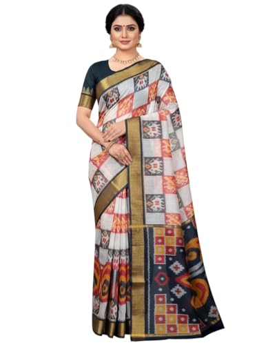 Image of AYYAPPASILK Women's Exclusive Ikkat Silk Saree for Designer Border with Contrast Blouse