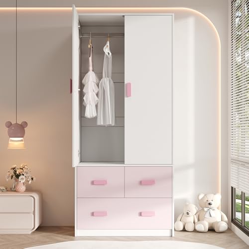 Shye Armario de 2 puertas rosa con barra y 3 cajones, bicolor blanco y rosa, armario infantil, muebles de dormitorio, 80 × 48 × 180 cm