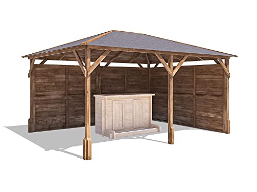 Dunster House Wooden Gazebo 13' x 10' with Black Roof Shingles – Outdoor Garden Bar Shelter with Log Bar and Two Side Panels Included, Timber Patio Gazebo, Utopia