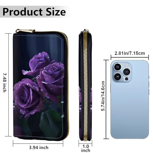 Image of Women's Wallets,Credit Card Holder Money Leather Long Wallet with Wristlet,Large Capacity with Zip-Around Phone Purse for Women Ladies Girls,Three Purple Roses