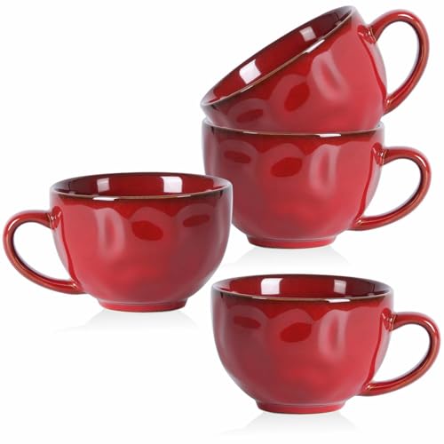 vicrays Jumbo Soup Mug Coffee Large - Ceramic Wide Oversized Extra Big Handle Bowls Latte Friends Mug Set Gaint Cereal Oatmeal Cappuccino Cup Set 27 oz - Cherry red