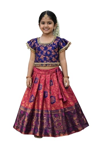 Lehenga choli fille en jacquard floral haut de gamme bleu Amzira 5-6 ans