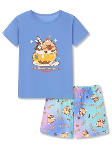 Beezizac Girls Pajamas Blue Coffee Capybara Print Cute Summerr Short Sleeve PJs Comfortable Sleepwear for Kid Size 10