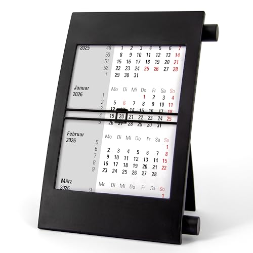 3-Monatskalender Tisch 2026 2027 - Büro & Homeoffice Tischkalender mit Drehmechanik - 2-Jahres-Kalender - schwarz/schwarz - Truento