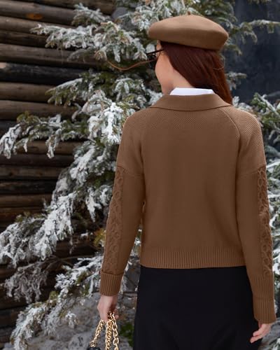 V For City 240809AW1029YGL-M Women Cable Knit Cardigan Winter Chunky Sweater Open Front Long Sleeve Lapel Collar V Neck Button Brown Medium thumb #4