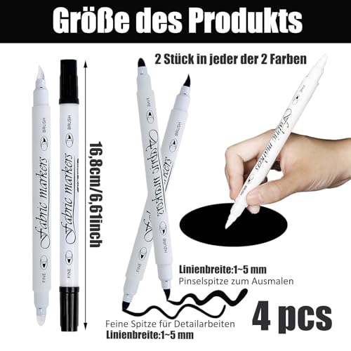 Caelura 4 Stück Textilstifte Waschmaschinenfest, Textilmarker Waschmaschinenfest Schwarz und Weiß, Stoffmalfarben Waschfest, 1-5mm Dual Tip Stoffmalstifte für T-Shirt Stoffbeutel Schuhe