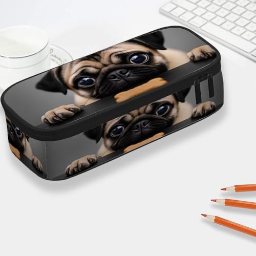 Image of Yekiua Pug Dog Pencil Holder Cute Sad Dog Looks Cookie Big Capacity Pencil Case Multi-Purpose Makeup Pouch For Office College Adult