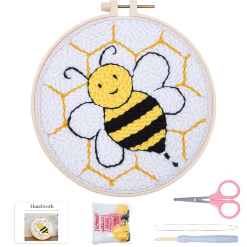 Image of Louise Maelys Beginners Punch Needle kit,for Starter Adults,Rug Tool,Cross Stitch Kits Including Handle Embroidery Pen,Cloth,Hoop,Threads and Instruction-Bee Pattern