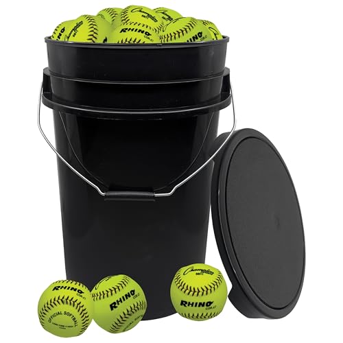 Champion Sports 11 Syntex Leather Cover Softballs | 18 Optic Yellow Softballs and Black Bucket | Cork Core | Medium Compression | NFHS Approved | Raised Seams