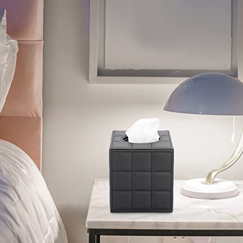 Image of Sumnacon Square Leather Tissue Box Cover - Stylish Cube Tissue Box Holder with Magnetic Bottom, Decorative PU Tissue Box for Vanity Dresser Night Stand Table Countertop Home Office Car, Grid Black