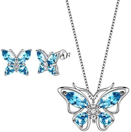Aurora Tears 925 Sterling Sliver Butterfly Necklace Earrings Rings Birthstone Jewellery Set Pendant Dating Pendant Gifts for Women and Girls