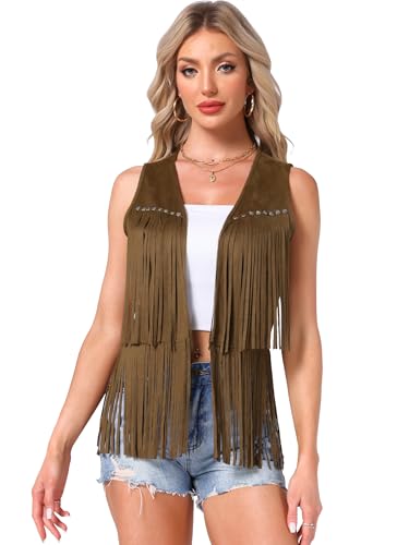 Image of Allegra K Women's Fringe Top Vest Open Front Western 70s Outfits Faux Suede Tassel Cardigan