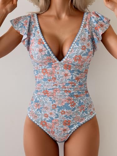 Image of Aidonger Women's One Piece Ruffle Swimsuit Tummy Control Bathing Suit V Neck Shell Stitched Swim Suit Slimming Swimwear