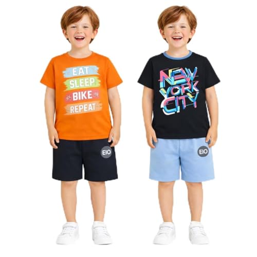 Image of EIO Boys Cotton Printed Dress Clothing Set Combo with Tshirts & Shorts-Pack 3