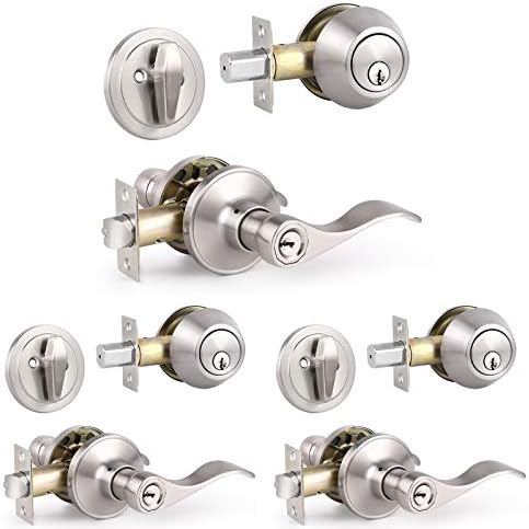 Knobonly 3 Sets of Front Exterior Door Knob Set with Single Cylinder Deadbolts in Satin Nickel Finish, All Keyed Same Combo Pack, Wave Style Entry Door Lever Locks with Combinations