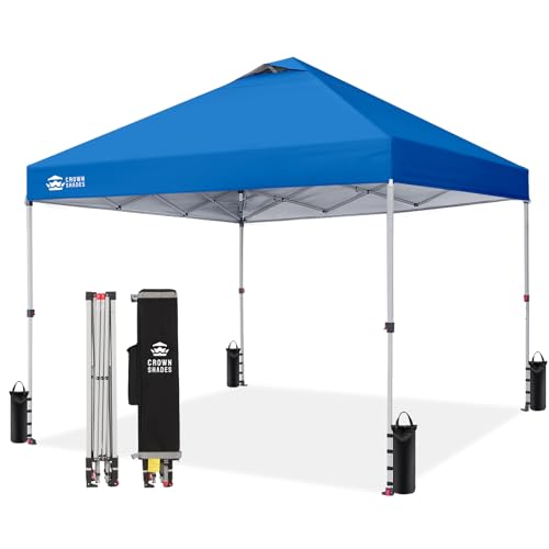 CROWN SHADES 10x10 Pop Up Canopy - Beach Tent with One Push Setup - Easy Outdoor Sun Shade for Events, Parties, Camping - Gazebo with STO-N-Go Cover Bag, Silver Coated Top, Blue