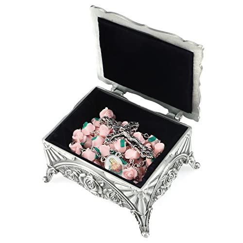 WHLHMK Rosary Beads Catholic with Rose Jewelry Box, Polymer Clay Rose Rosary Necklace with Vintage Metal Jewelry Box, Confirmation Gifts for Christian Gifts for Women Catholic Gifts(Pink) - Image 4