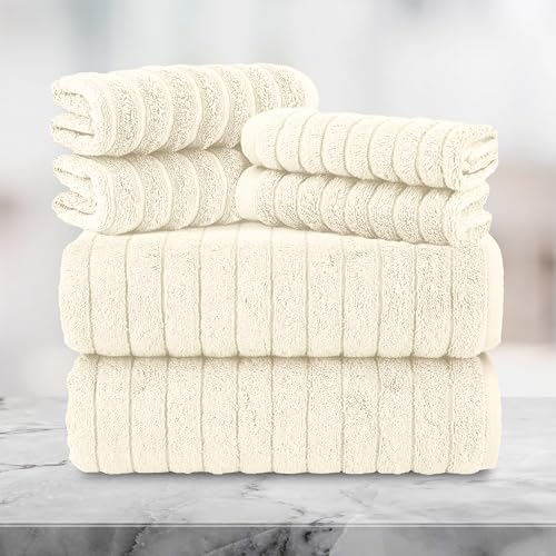 Image of Elegant Comfort 100% Turkish Cotton Corduroy Ribbed Luxury Bath Towels 6-Piece Set, Premium Feel - Quick Dry, Highly Absorbent, Contains 2 Bath Towels, 2 Hand Towels, and 2 Washcloths, Ivory