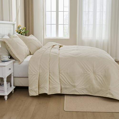 Image of Kingnex Oversized King Bedspreads 128x120 for Tall King or Cal King Bed Ultrasonic Quilted Coverlet Set 3 Piece Include 1 Extra Wide Quilt 2 Pillowcases Beige