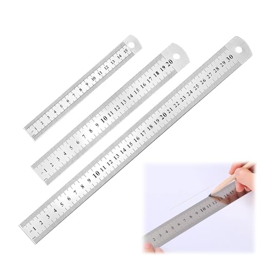 Lineal Metall 3 Stücke,Edelstahl Lineal,Stahllineal,Metall Lineal Set 15cm 20cm 30cm mit Doppelseitenskala Kante Messwerkzeug Metall Stahllineal für Lernen der Schüler Lehre Büro Zeichnen Engineering