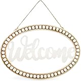 AuldHome Beaded Wooden Welcome Sign, Oval Wood Rustic Farmhouse Wall Decor Plaque, 13 x 9 Inches