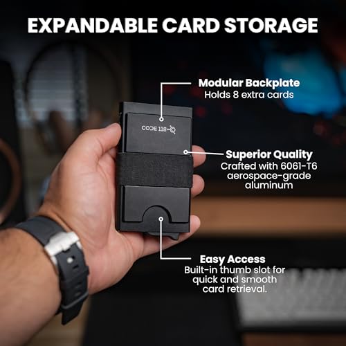 Image of CODE 118 Modular Backplate - Slim Minimalist Aluminum Wallet Accessory - Expandable Cash & Business Card Holder - Modular Add-on Expands Storage up to 8 cards, Wallet not Included (Black Aluminum)