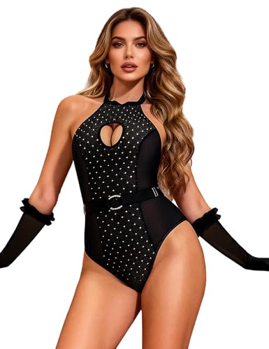 sunshinelady Body Femme Sexy Chic Grande Taille Body Dos Nu Ensemble Lingerie 3 Pieces avec Ceinture et Gants Tenue Club Liberti Bouton à L'entrejambe...