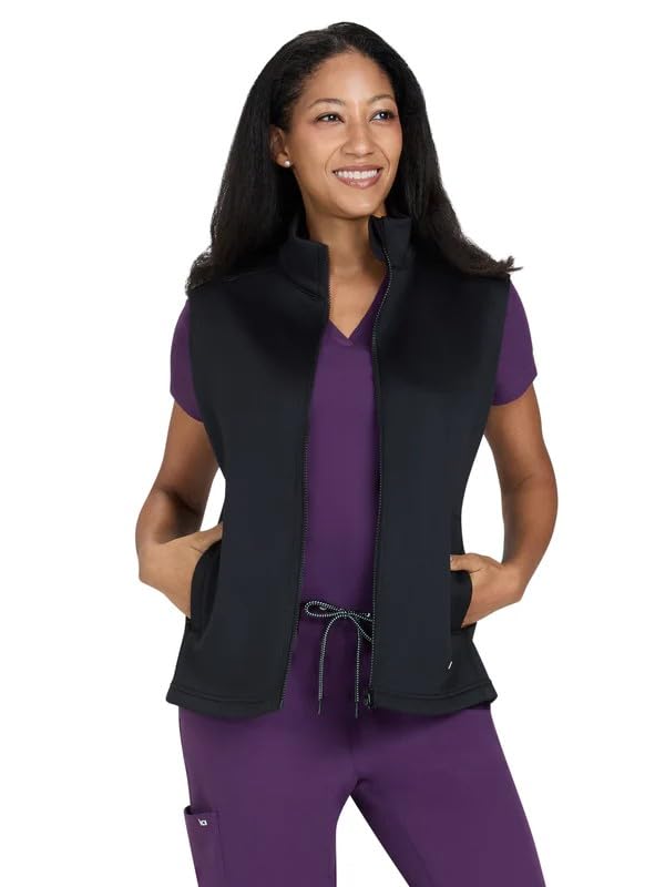 KOI Scrubs Essentials Alia Womens Water Resistant 3-Pocket Fleece Vest Black Medium
