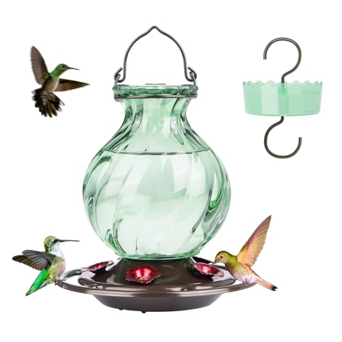 Auslar 26 Ounces Hummingbird Feeder Hummingbird Feeders for Outdoors Hanging Ant Moat and 5 Flower Feeding Ports Fade Proof Rustproof Leakproof Netted Flower Bud Shape Bottle Green