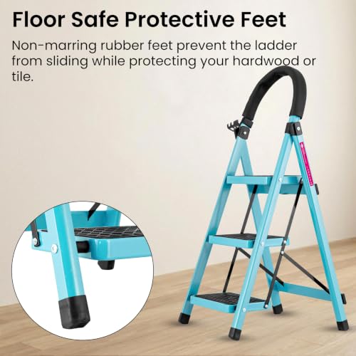 Image of Casa Copenhagen Teal Blue 3 Step Ladder for Home Use with Built-in Tool Tray | Heavy Duty D Shape Rods | Ultra Large Platform | 150Kg Capacity Foldable Ladder - 7 Years Warranty
