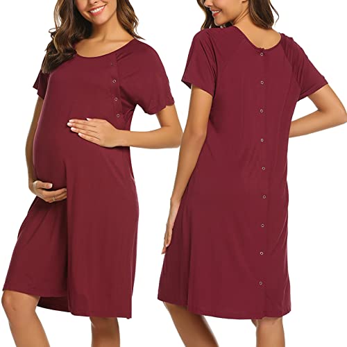 Image of Ekouaer Women’s Nursing/Delivery/Labor/Hospital Nightdress Short Sleeve Maternity Nightgown with Button S-XXL