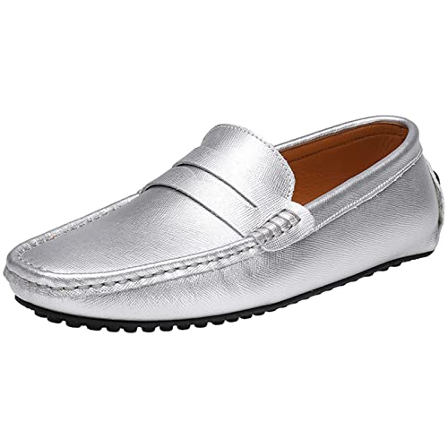 Jamron Men's Classic Penny Loafers Flat Slip-On Soft Split Leather Moccasins Driving Shoes Silver SN070440 US10