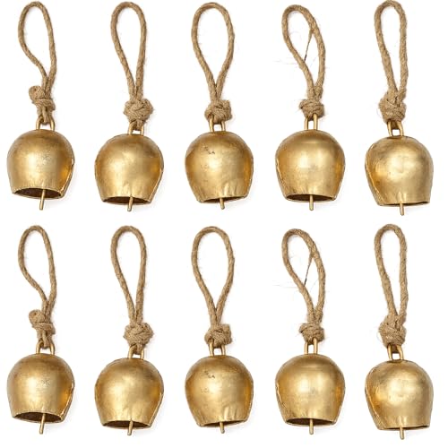 Image of Rustic Brass Hanging Bells Pack of 10 | Vintage Mini Bells with Rope for Home Decor, Diwali Pooja, Wall Art, Christmas & Craft Use