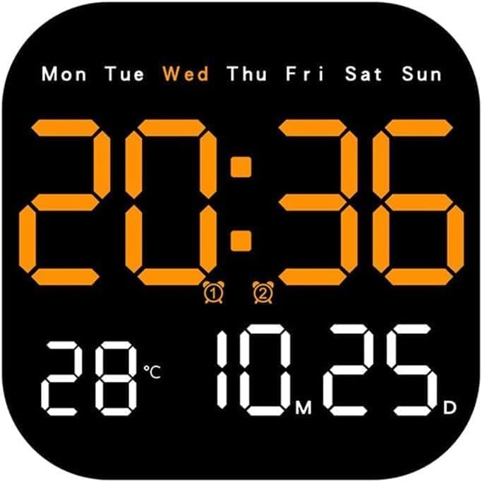 Image of 15-Inch Digital Wall Clock with Large LED Display - Remote Control, Auto-Dimming, Night Light, Date, Day, Temperature, DST Function - Ideal for Living Room, Bedroom (Square 9 inch Orange)