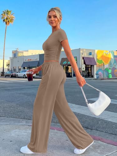 Image of Trendy Queen 2 Piece Matching Summer Lounge Set Womens Side Ruching Top Wide Leg Pants Sets with Pockets