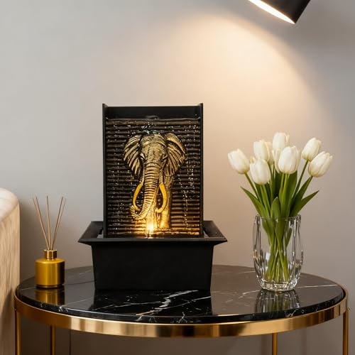 BIASUNS Elephant Water Wall Fountain, Black Gold Leaf