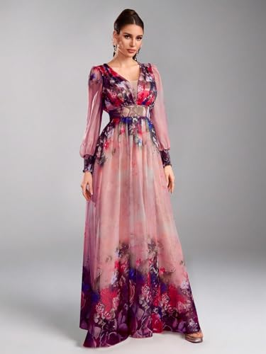 Image of TOLEEN Summer Casual Dresses for Women 2024 Spring Fashion Boho V Neck Long Sleeve Ruffle Floral Print Elegant Maxi Dress