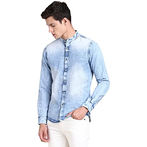 Image of Dennis Lingo Men's Solid Denim Cotton Slim Fit Full Sleeve Mandarin Collar Casual Shirt