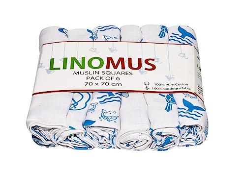 Linomus Muslin Cloths for Baby Pack of 6 (70 x 70 cm), Soft, Absorbent & Breathable 100% Pure Cotton Burp Cloths
