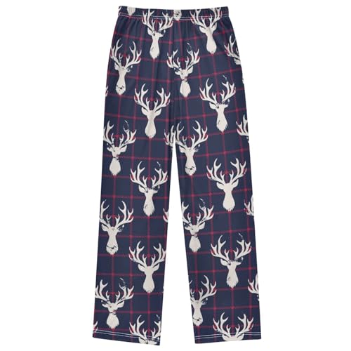 Boy's Lounge Pants Classic Blue Red Checkers Deer Kids Jogger Pants Elastic Waist Long Bottoms with Pockets 6-14 Y 7