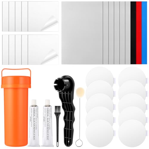 Gejoy Paddle Board Repair Kit Include 20 Clear Tpu Self Adhesive Patches 9 Gray PVC Patch 2 x 30ml Glue Valve Wrench & Wool Dauber Inflatable Boat Patch Set for Vinyl Pool Liner Kayak Air Mattress