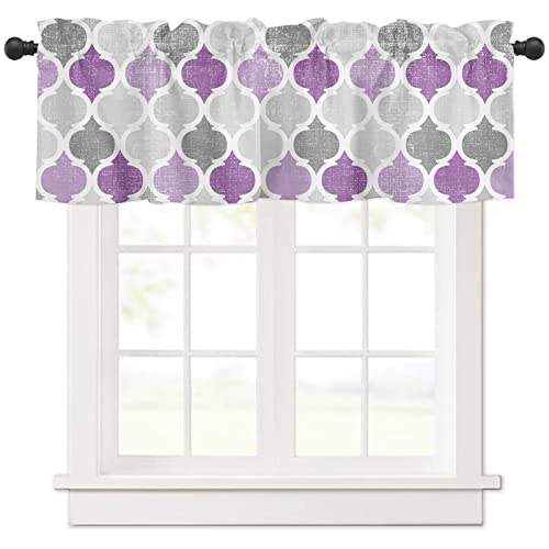 Geometric Curtain Valance For Windows Purple Moroccan Quatrefoil Trellis Design Rod Pocket Valance Window Treatments 1 Panel Abstract Short Curtains For Kitchen Windows Bathroom Bedroom 54 X 18 Inch #TOP14
