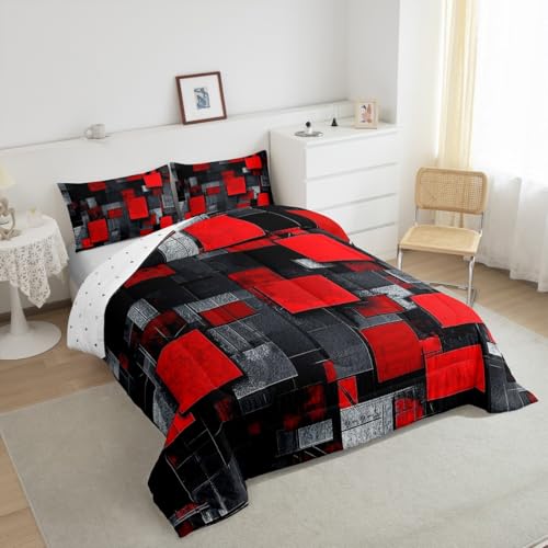 Image of Feelyou Red Black Comforter for Kids Toddler Size Geometric Grid Comforter Set Boys Girls Geometrics Comforter Abstract Art Duvet Insert Bed Set 2Pcs