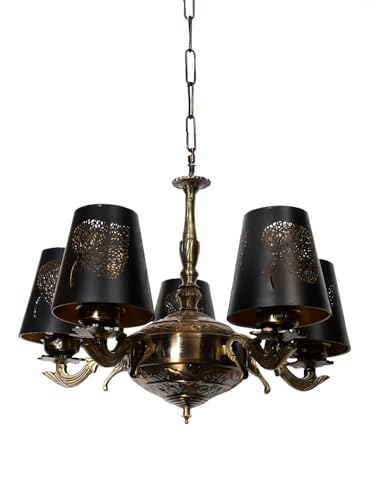 Image of Devansh 05 Lights Metal Leaf Etched Shade with Antique Golden Chandelier -X