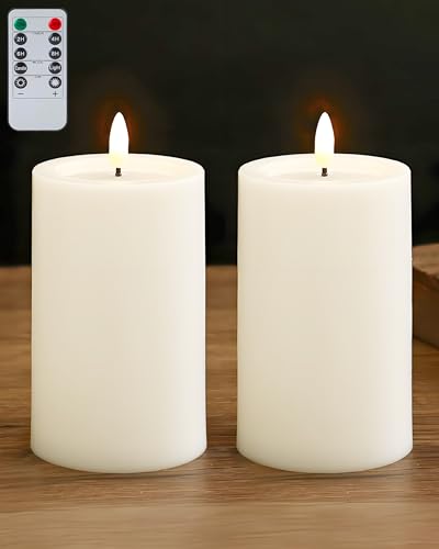 Image of Gmnee 3 inchx6 inch Outdoor Waterproof Flameless Candles with Remote Timers Plastic | 2 Pack Battery Operated Candles, LED Candles, Electric Fake Pillar Candles for Patio, Porch, and Lanterns Decor (White)