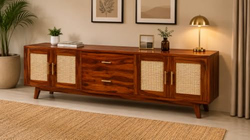 Image of Space Galaxy Solid Sheesham Wood TV Unit with Cane Rattan Doors | 4 Door Entertainment Cabinet with 2 Drawers | Wooden Media Console & Storage Stand for Living Room, Bedroom & Home | Honey Oak Finish