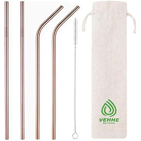 VEHHE Metal Straws Reusable Stainless Steel Straws Drinking 4 Set - Ultra Long Rosegold 10.5" Cleaning Brush for 20/30 Oz for Yeti RTIC SIC Ozark Trail Tumblers(Rosegold) Cover