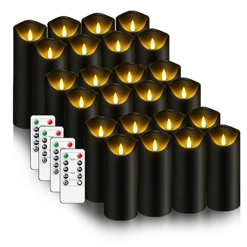 Image of kakoya Flickering Flameless Candles, Battery Operated Plastic LED Pillar Candles with Remote Control and Timer, Set of 24 (Black)